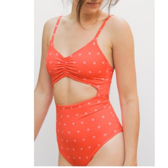 Kitty and Vibes Swimsuit Cutout Floral Dot Print One Piece - Picture 1 of 13